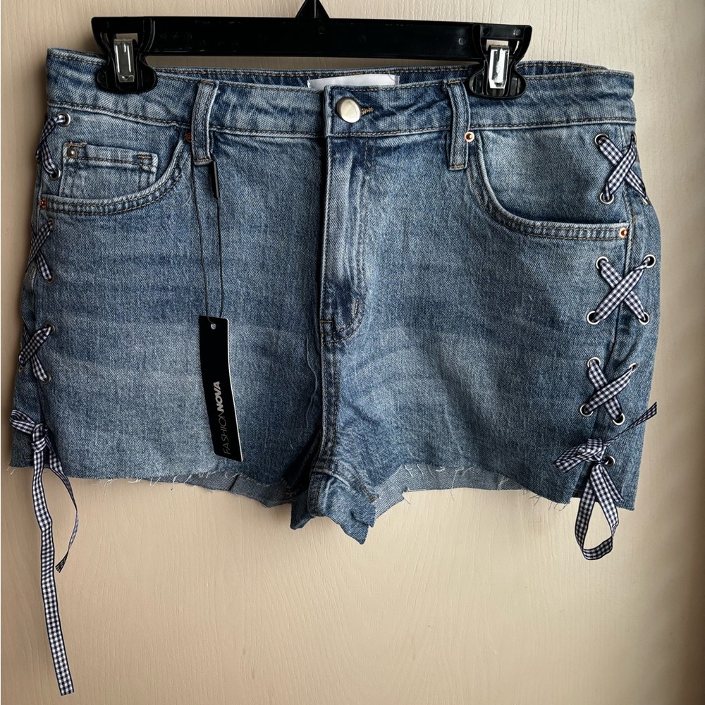 Fashion Nova Blue Jean Shorts with Side Lace-Up